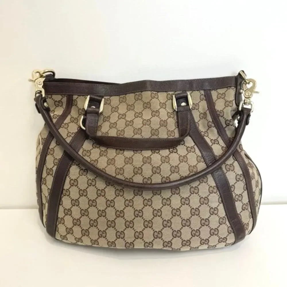 GUCCI Abbey GG Web Canvas Leather Brown Convertible Hobo Bag Tote Logo Handbag